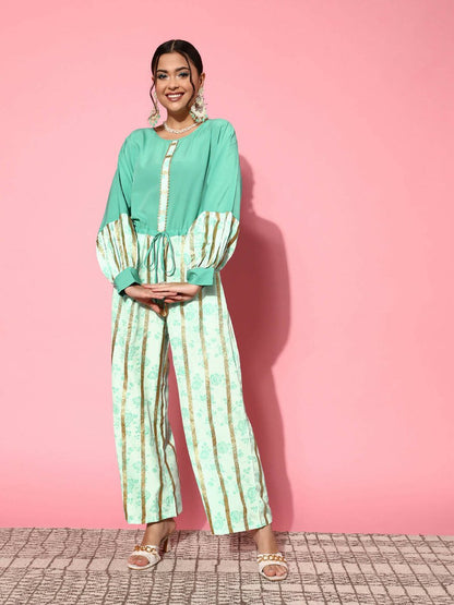 Ahalyaa Women Gorgeous Green Printed Once Upon a Sleeve Jumpsuit