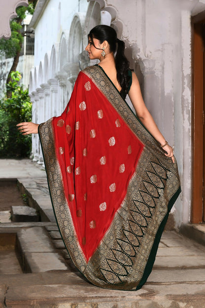 Joban Fashion Red Crepe Chiffon Pure Handloom Banarasi Silk Saree