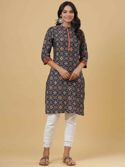 Juniper Women's Navy Printed Straight Knee Length Kurta