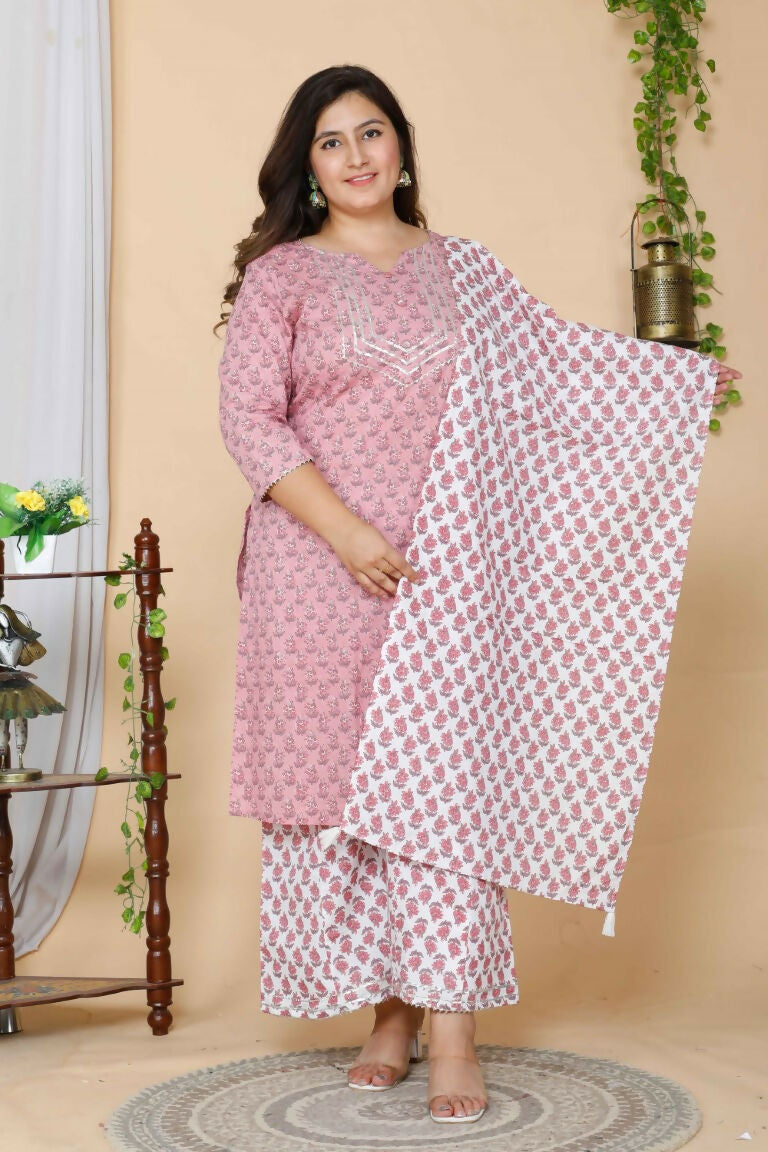 Miravan Women's Plus Size Pink Floral Printed Gotta Patti Pure Cotton Kurta With Palazzo & Dupatta Set