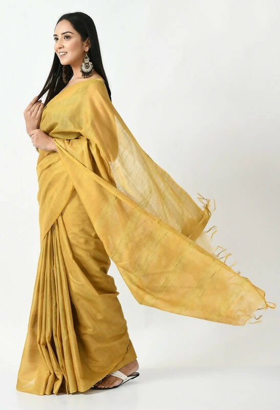 Mominos Fashion Moeza Golden Bhagalpuri Handloom 8 Line Ghichha Silk Saree with unstitched Blouse piece