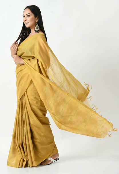 Mominos Fashion Moeza Golden Bhagalpuri Handloom 8 Line Ghichha Silk Saree with unstitched Blouse piece