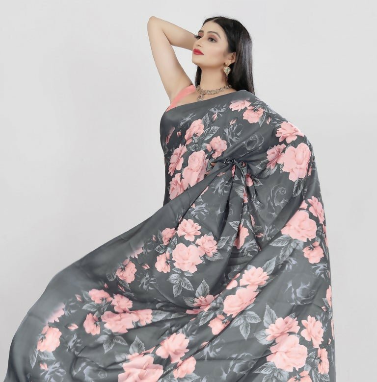 Aayaa Designer Printed Satin Saree - Multi Color