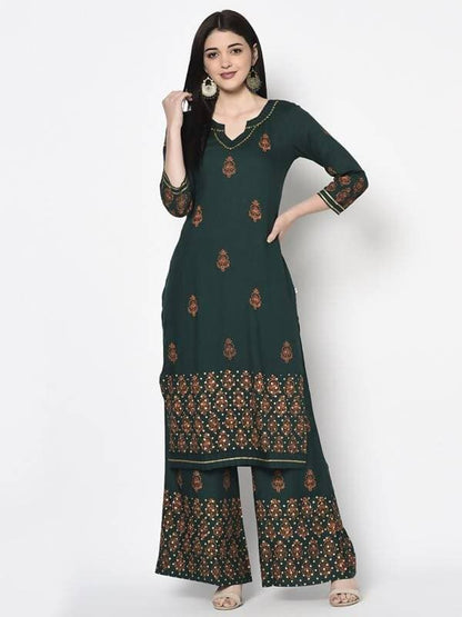 Aniyah Rayon Bottle Green Color Block Print Flared Slip-On Palazzo (AN-219K)