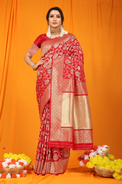 Jyoti Fashion Women's Maroon Kanjivaram Silk Zari Woven Saree with Blouse