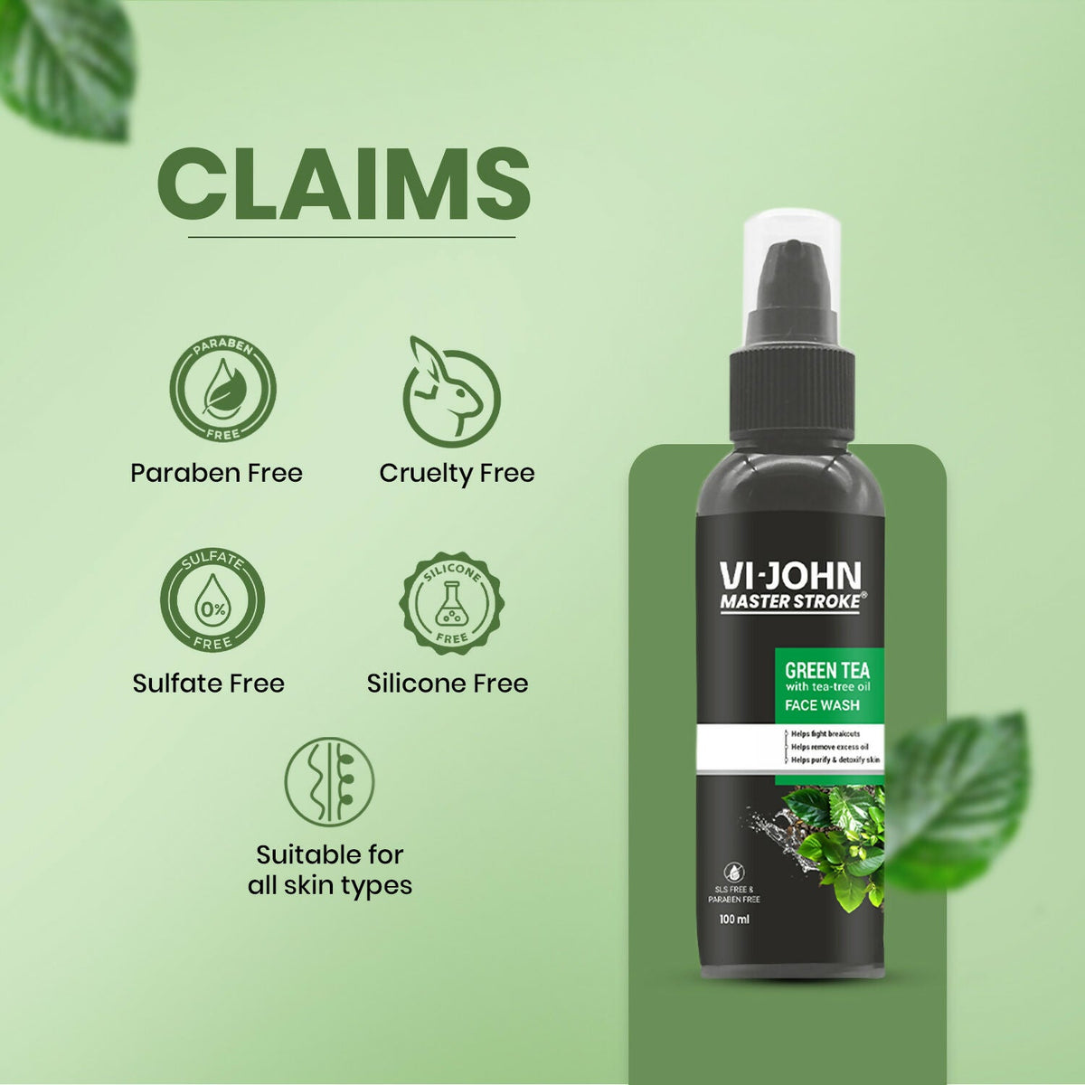 VI-JOHN Master Stroke Green Tea Face Wash Brightening Skin And Improving Texture For All Skin Type
