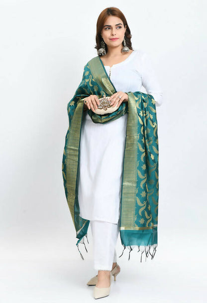 Mominos Fashion Moeza Women's Banarsi Silk Floral Woven Design Rama Green Dupatta