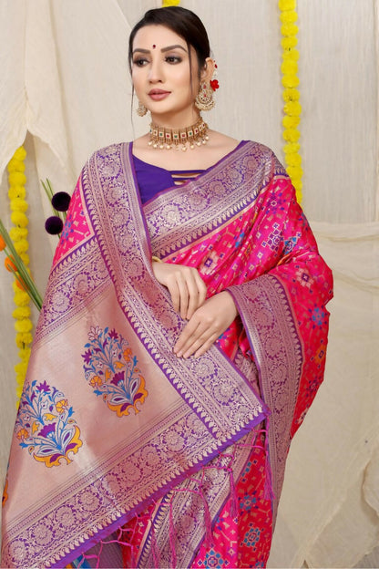 Jyoti Fashion Women's Rani Pink Patola Silk Zari Woven Saree with Blouse