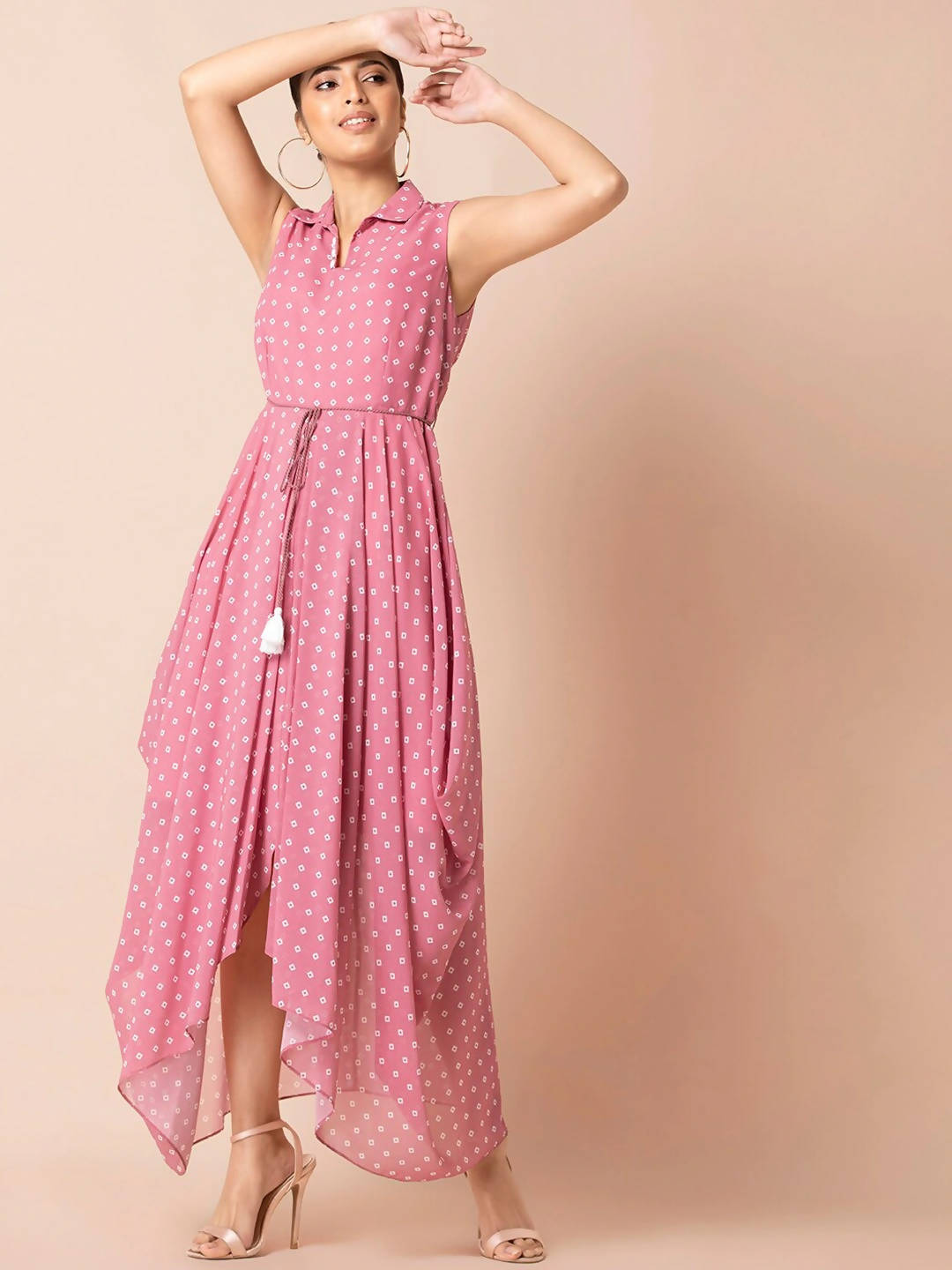 Indya Pink & White Bandhani Printed Maxi Dress