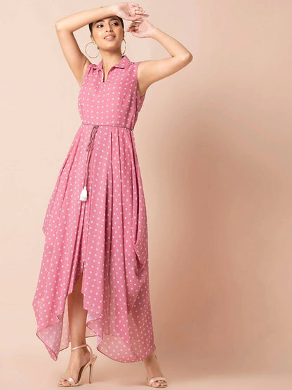 Indya Pink & White Bandhani Printed Maxi Dress