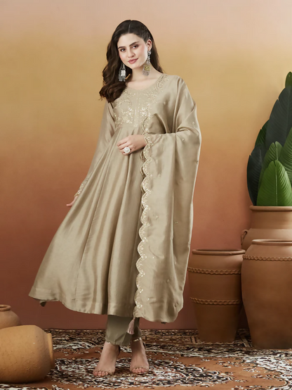 The52 Chiku Women's Beautiful Vichitra Silk Fabric Embroidered Work Flared Anarkali Pant and Dupatta Set