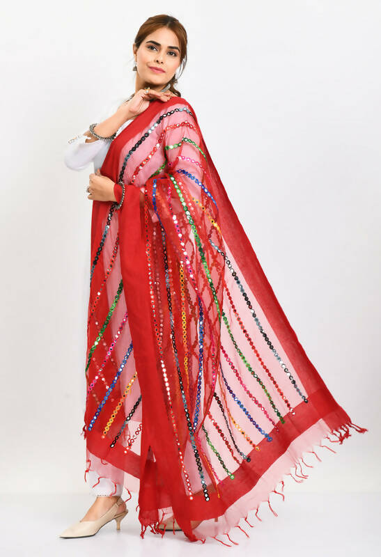 Mominos Fashion Moeza Women's Orgenza Multi Thread Mirror Work Red Dupatta