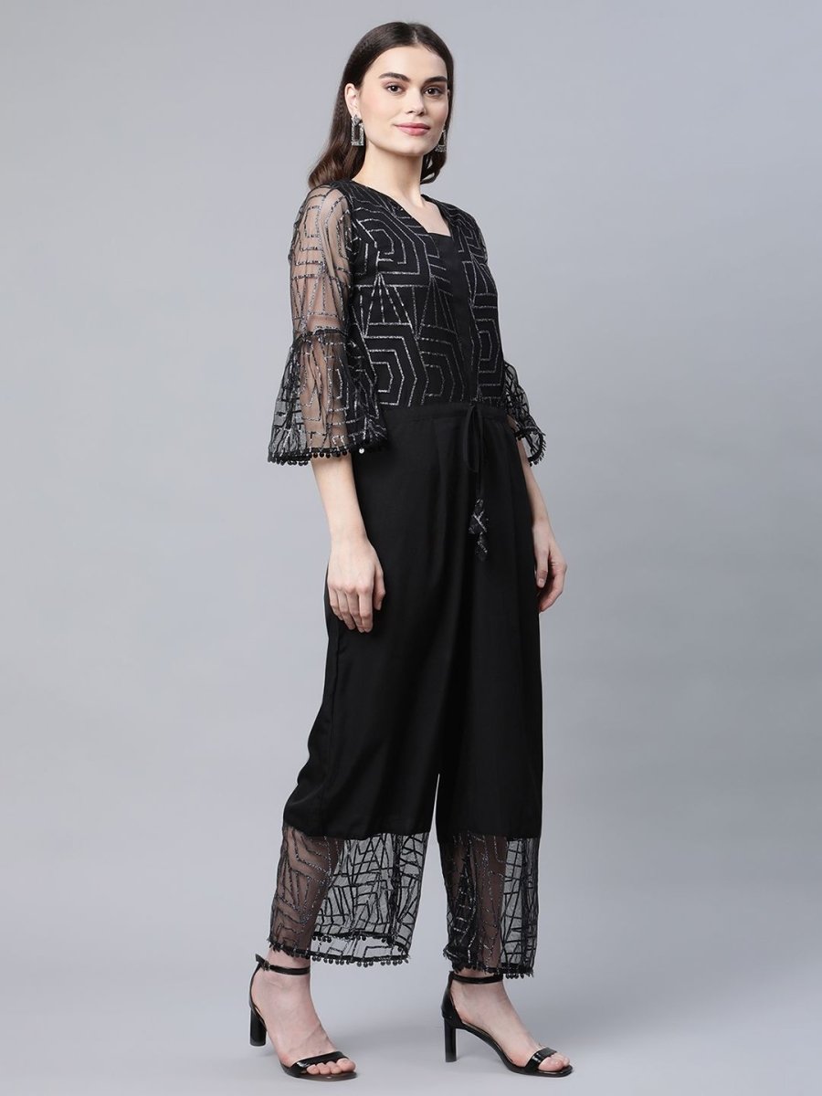 Ahalyaa Womens Crepe & Net Black Printed Jumpsuit