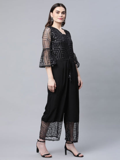 Ahalyaa Womens Crepe & Net Black Printed Jumpsuit