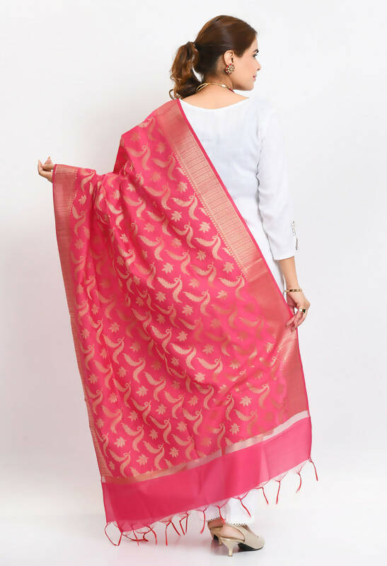 Mominos Fashion Moeza Women's Banarsi Silk Floral Woven Design Pink Dupatta