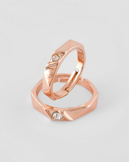 VOJ Stainless Steel Cubic Zirconia Rose Gold-Polished Adjustable Ring Set for Couple