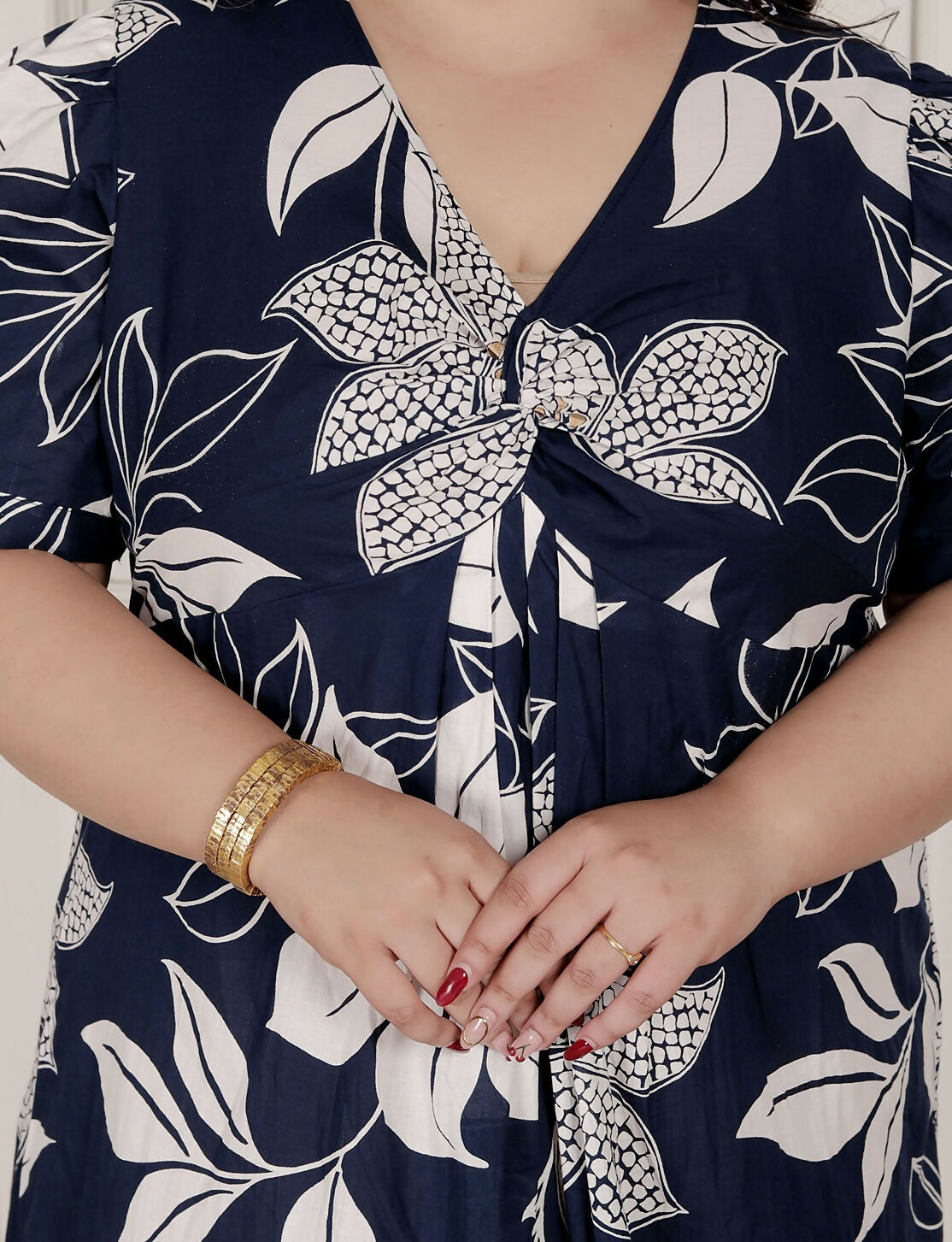 Miravan Womens Plus Size Blue Flower Printed Puff Sleeve Cotton Butterfly Maxi Dress