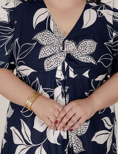 Miravan Womens Plus Size Blue Flower Printed Puff Sleeve Cotton Butterfly Maxi Dress