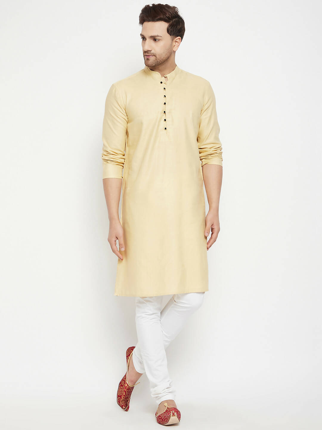 Even Apparels Beige Pure Cotton Long Men's Kurta With Band Collar