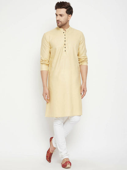 Even Apparels Beige Pure Cotton Long Men's Kurta With Band Collar