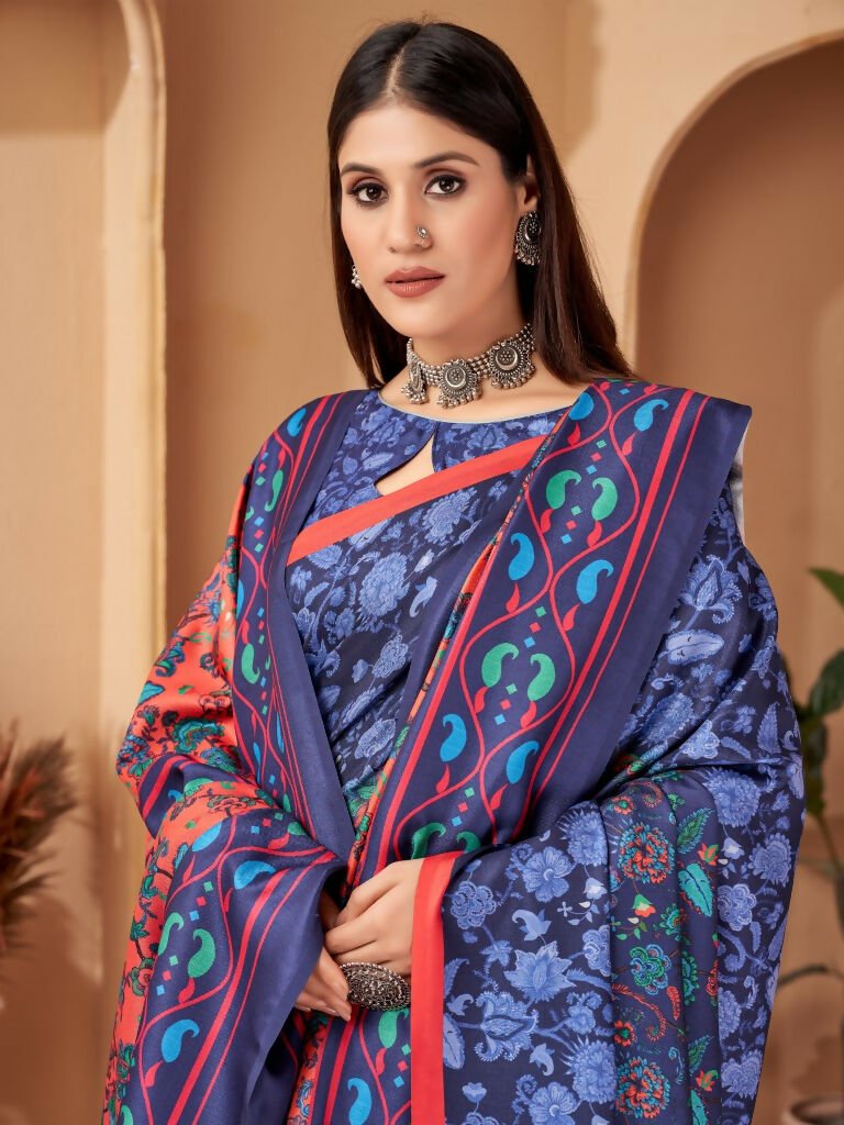 Aayaa Designer Winter Collection Printed Saree With Shawl - Multi Color