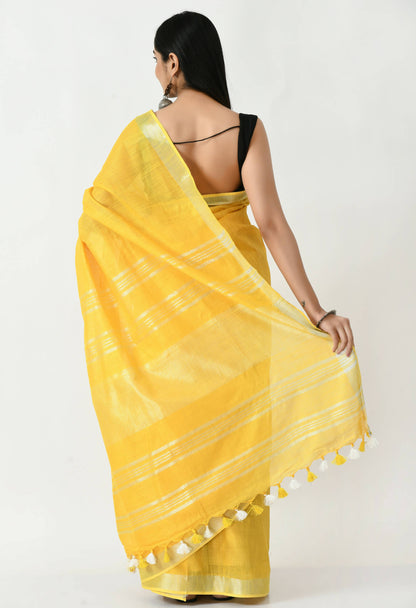 Mominos Fashion Moeza Yellow Bhagalpuri Handloom Silk Linen Saree with unstitched Blouse piece