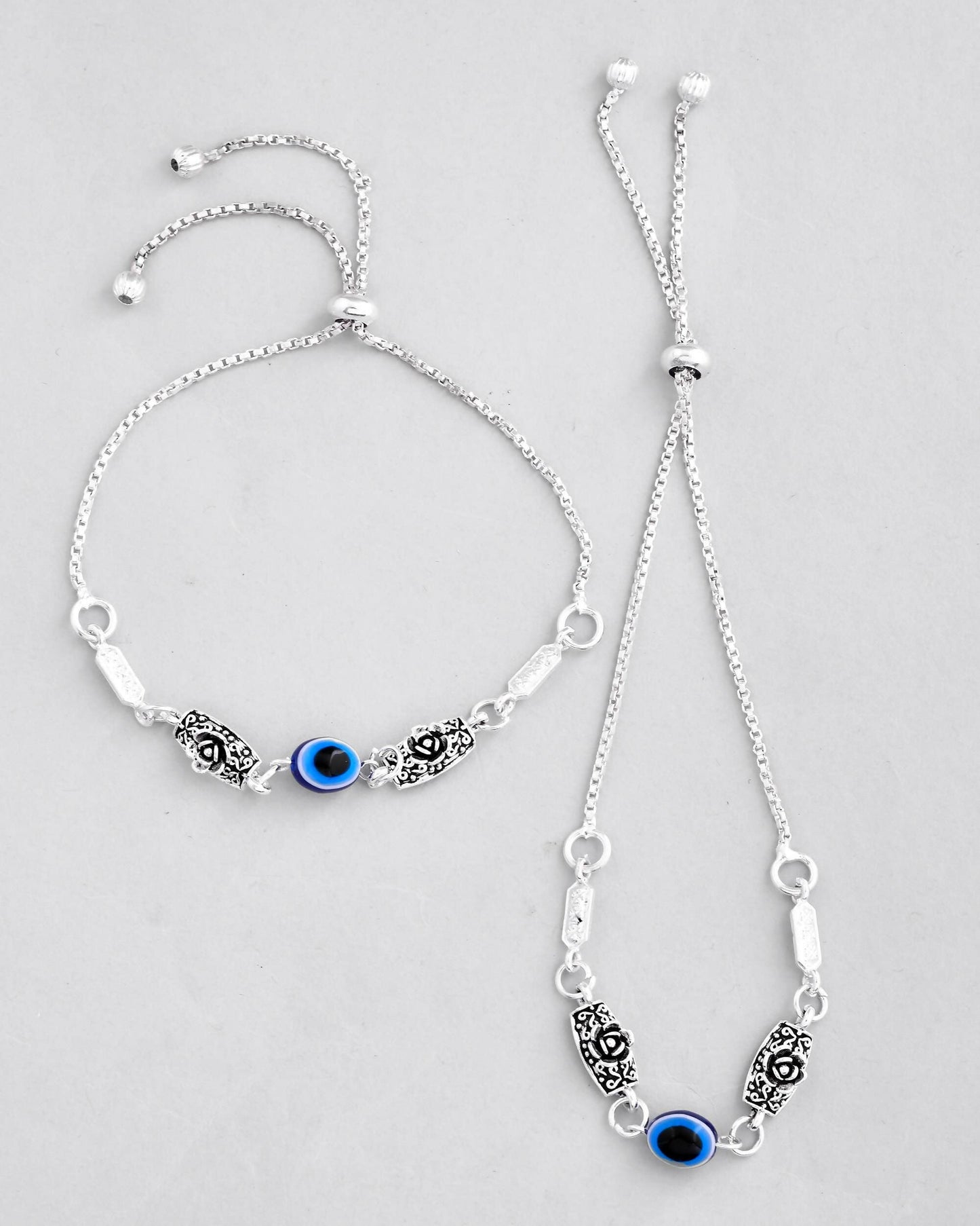 VOJ Set of 2 Silver Plated Flower And Evil Eye HandCrafted Anklet