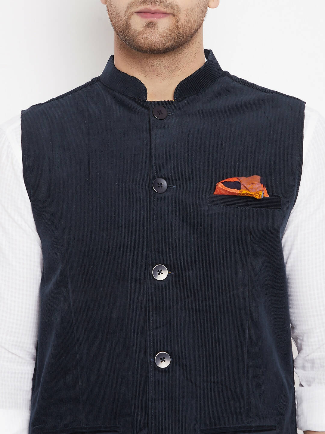 Even Apparels Navy Polyester Men's Nehru Jacket-Contrast Lining-Inbuilt Pocket Square