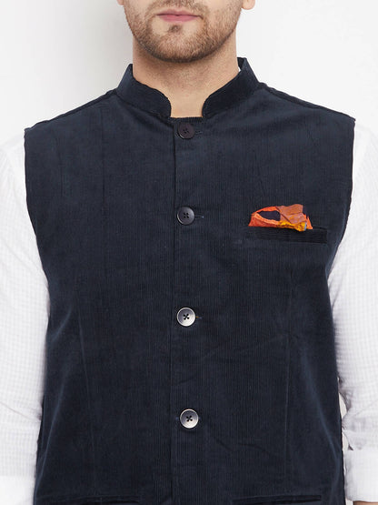 Even Apparels Navy Polyester Men's Nehru Jacket-Contrast Lining-Inbuilt Pocket Square