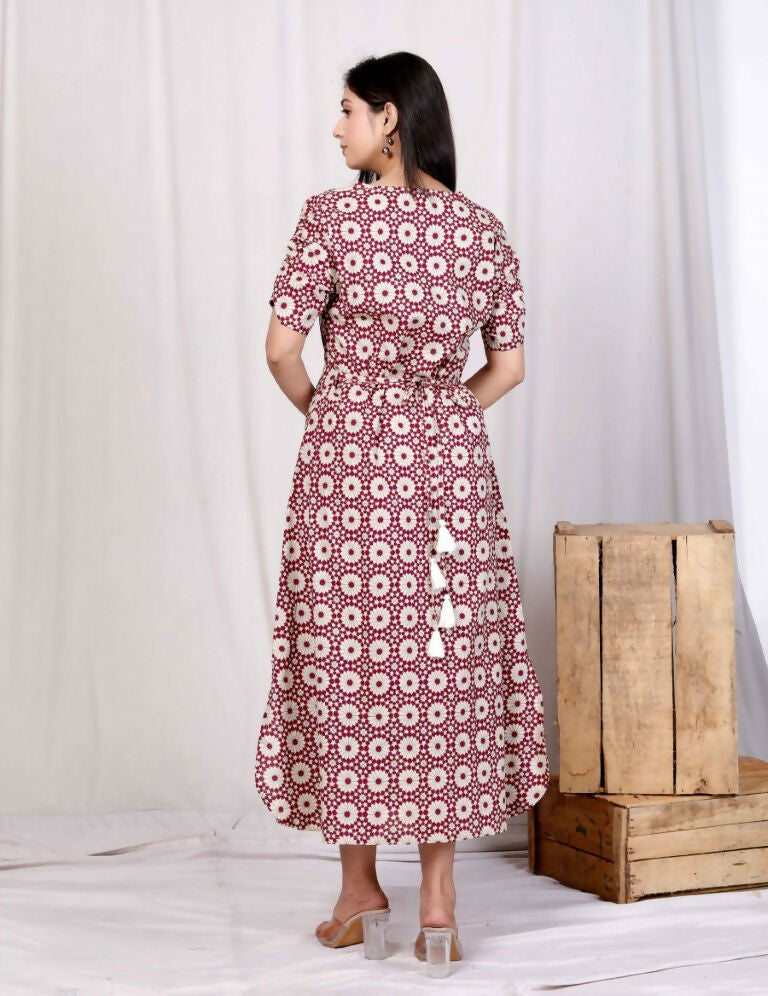 Miravan Women's Cotton Floral Printed Cream A-Line Maxi Dress with Buttons