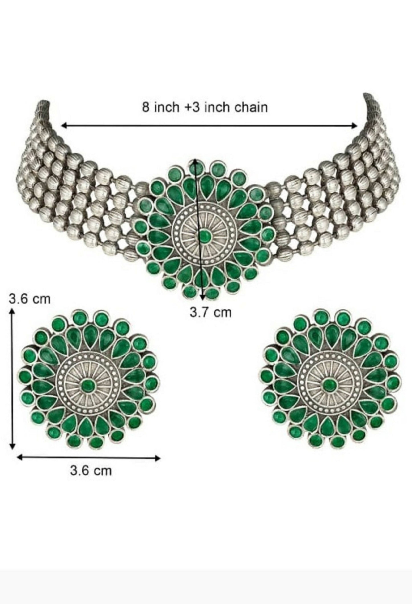Mominos Fashion Johar Kamal Oxidised Silver-Plated Brass Finish Kundan Choker For Women (Green)