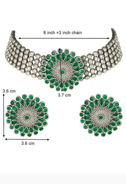 Mominos Fashion Johar Kamal Oxidised Silver-Plated Brass Finish Kundan Choker For Women (Green)