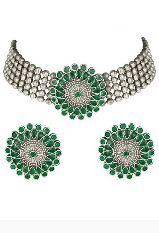 Mominos Fashion Johar Kamal Oxidised Silver-Plated Brass Finish Kundan Choker For Women (Green)
