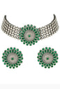 Mominos Fashion Johar Kamal Oxidised Silver-Plated Brass Finish Kundan Choker For Women (Green)