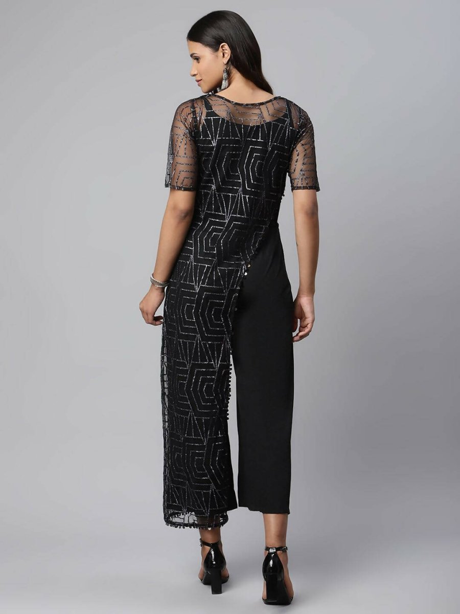 Ahalyaa Womens Black Crepe & Net Glitter Print Jumpsuit