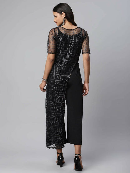 Ahalyaa Womens Black Crepe & Net Glitter Print Jumpsuit