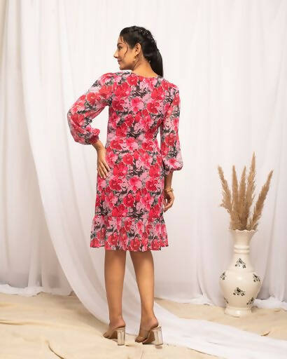 FIORRA Women's Red & Pink Georgette Floral Printed Western Dress