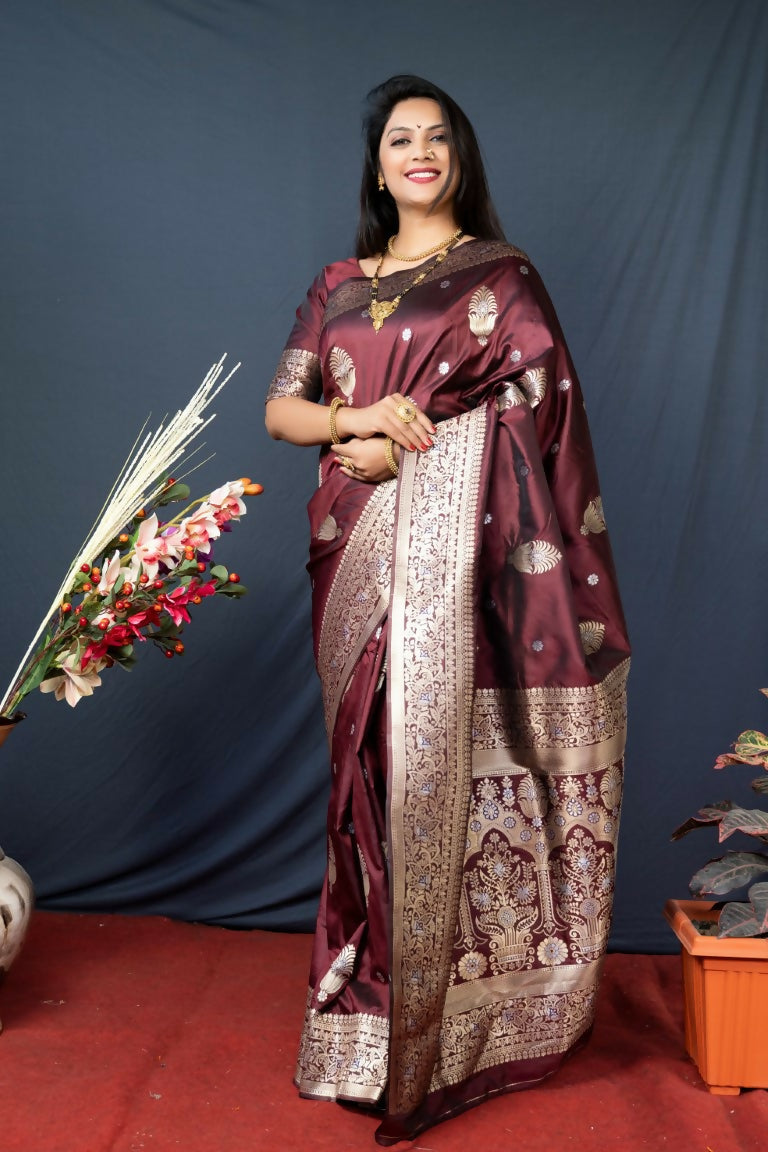 Jyoti Fashion Women's Brown Paithani Silk Zari Woven Saree with Blouse