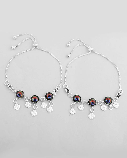 VOJ Set of 2 Silver Plated Peacock Printed HandCrafted Anklet