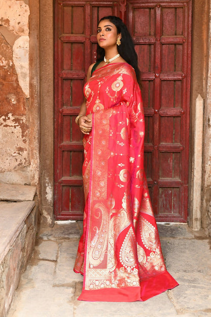 Joban Fashion Red Soft Pure Handloom Banarasi Silk Saree