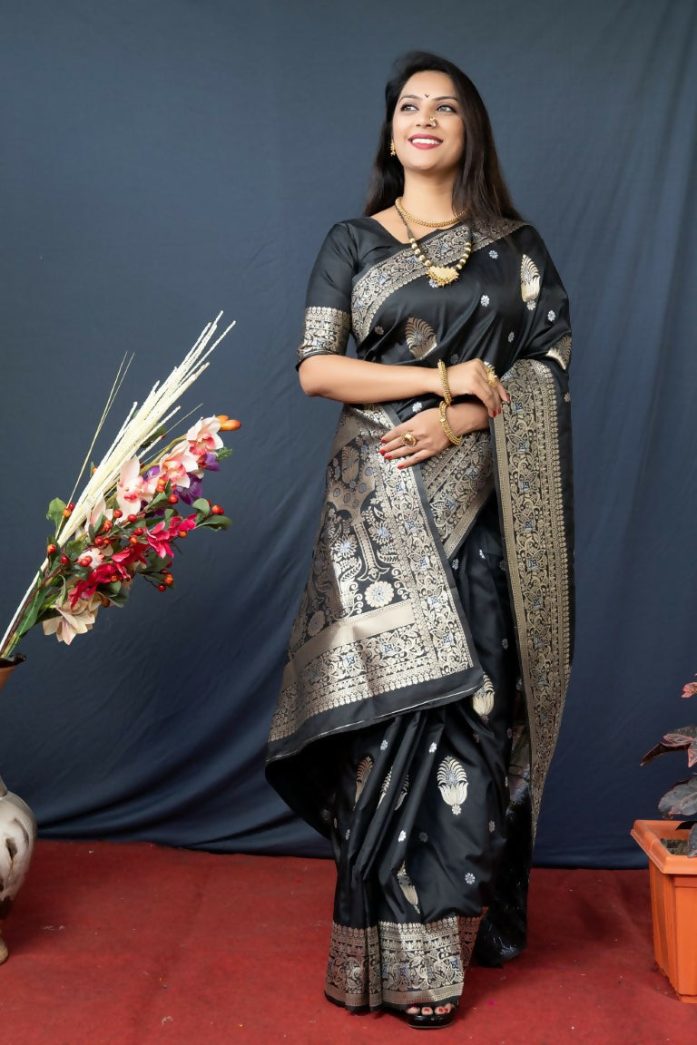 Jyoti Fashion Women's Black Paithani Silk Zari Woven Saree with Blouse