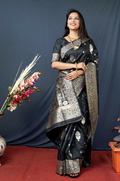 Jyoti Fashion Women's Black Paithani Silk Zari Woven Saree with Blouse