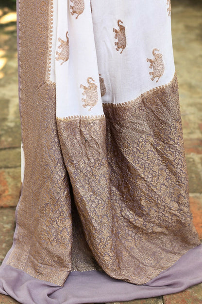 Joban Fashion Ivory Crepe Chiffon Pure Handloom Banarasi Silk Saree