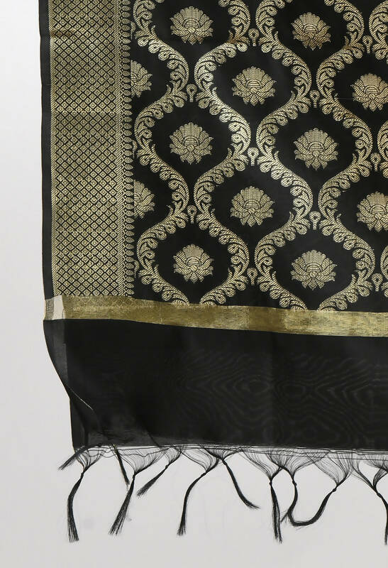 Mominos Fashion Moeza Women's Banarsi Silk All Over Woven Design Black Dupatta