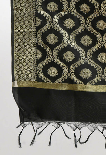 Mominos Fashion Moeza Women's Banarsi Silk All Over Woven Design Black Dupatta
