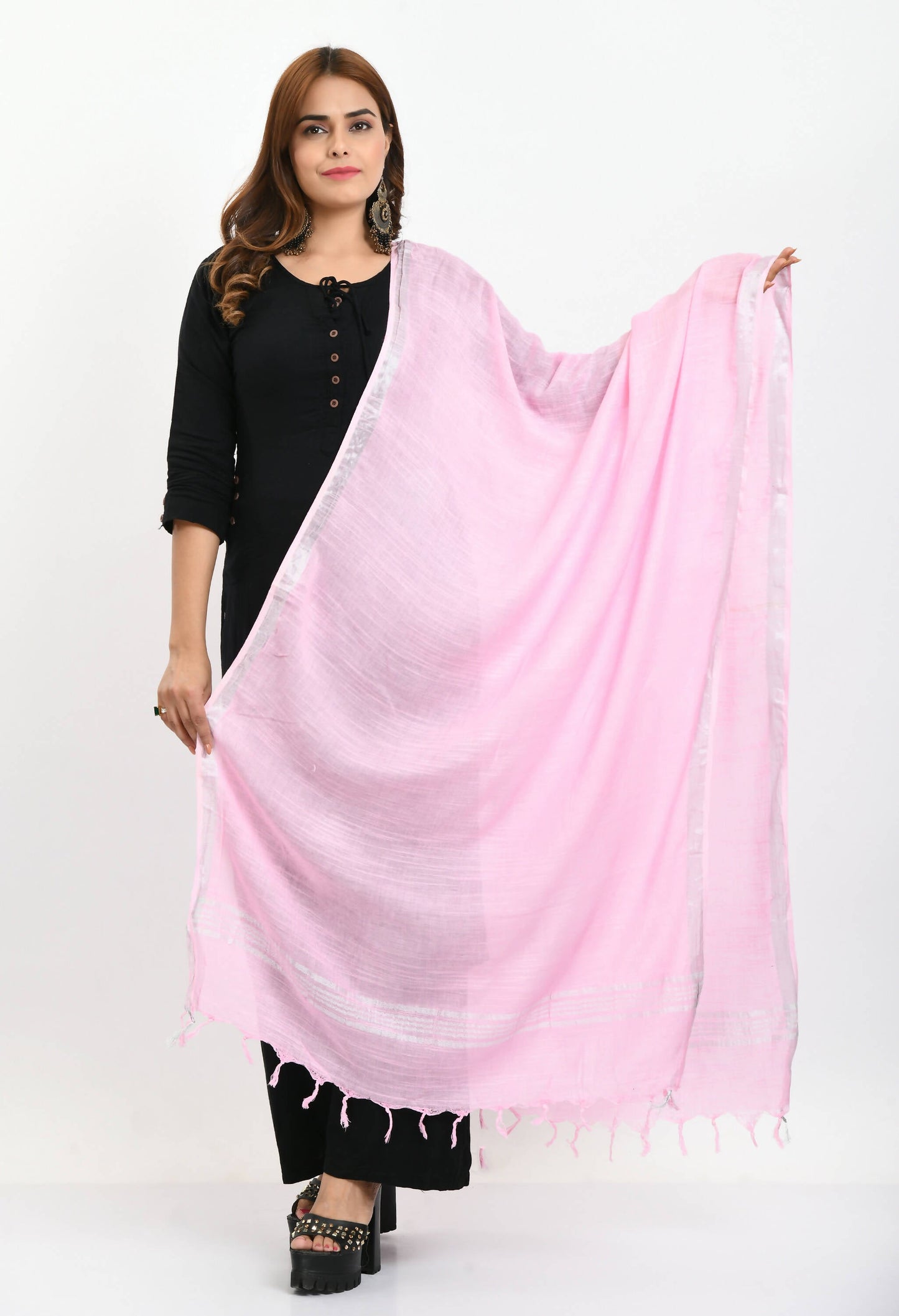 Mominos Fashion Moeza Women's Linen Cotton Silver Border Baby Pink Dupatta