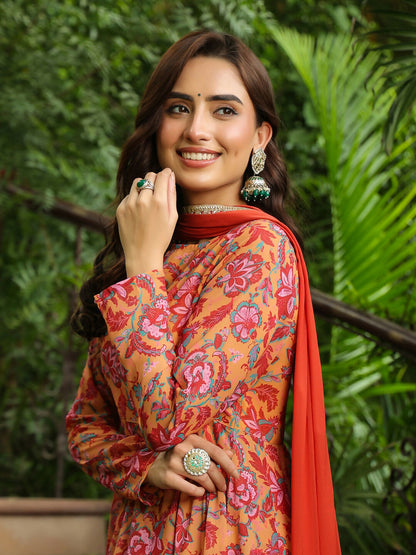 Janasya Mustard Georgette Floral Kurta,Bottom & Dupatta