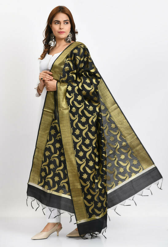 Mominos Fashion Moeza Women's Banarsi Silk Floral Woven Design Black Dupatta