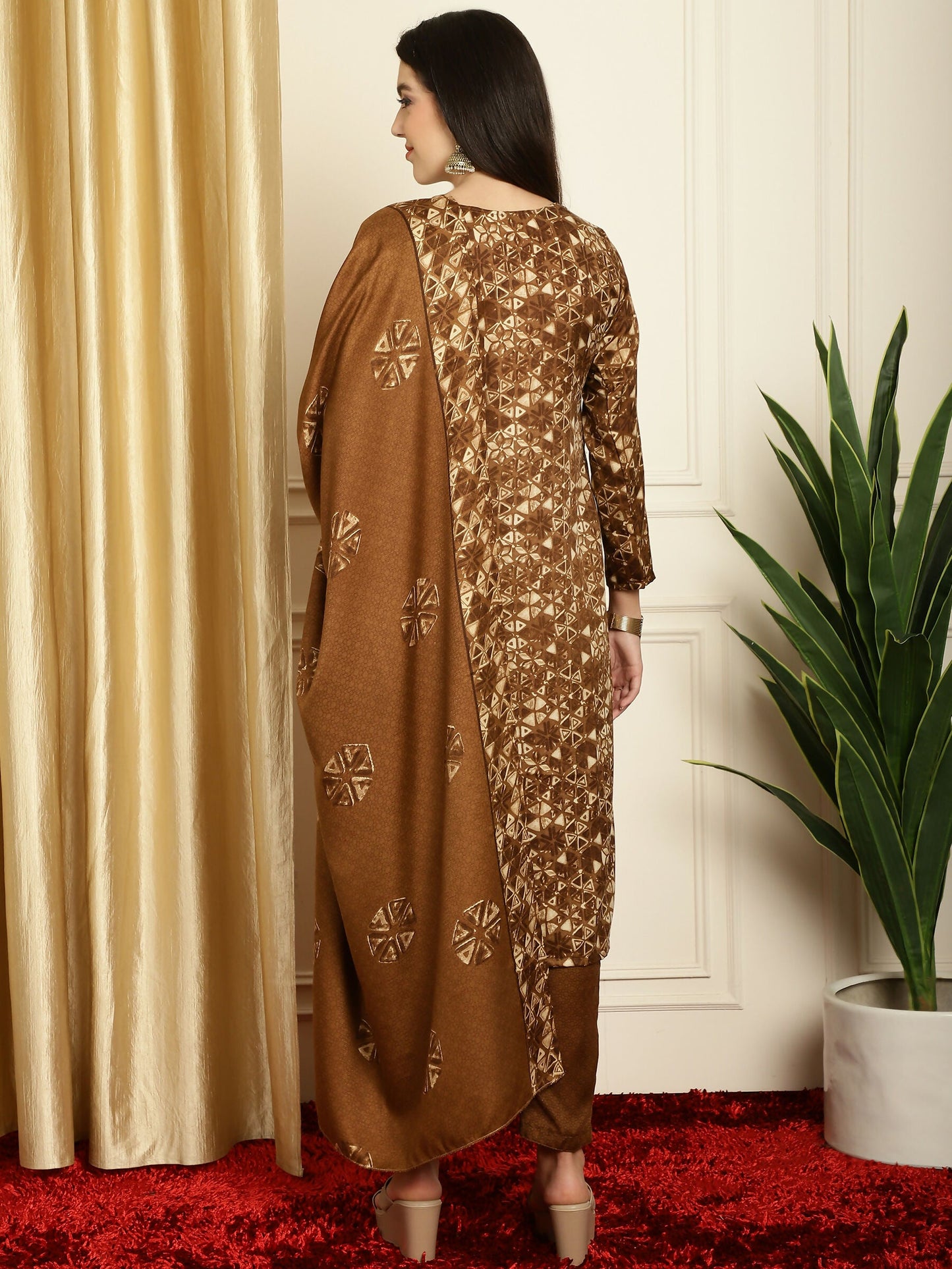 Jyoti Fashion Women's Brown Pashmina Floral Digital Printed Kurta with Trouser & Dupatta