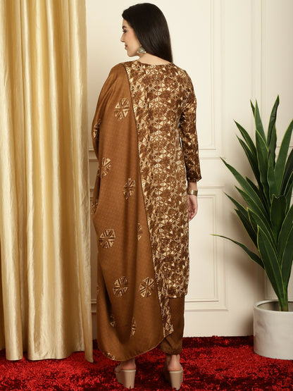 Jyoti Fashion Women's Brown Pashmina Floral Digital Printed Kurta with Trouser & Dupatta
